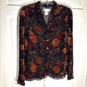 Vintage Coldwater Creek Ruffled Long Sleeve Blouse Black Orange Red Semi Sheer